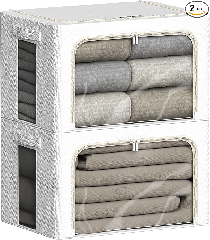 2 Pack Clear Window Storage Bins Large Stackable Linen Fabric Storage for Clothes Foldable Container Organizer Set with Carrying Handles (Lvory White, 15.7x 11.8x 7.8Inch)-NeatNest