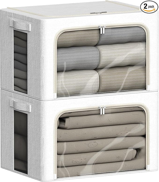 2 Pack Clear Window Storage Bins Large Stackable Linen Fabric Storage for Clothes Foldable Container Organizer Set with Carrying Handles (Lvory White, 15.7x 11.8x 7.8Inch)-NeatNest