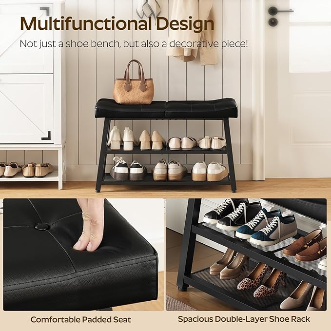 Shoe Bench, 3-Tier Shoe Rack, Entryway Bench with Storage and Cushion, for Hallway, Foyer, Bedroom, Black HX02BB