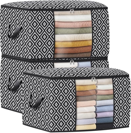 Direct 100L, 3 Pack, Storage Containers, Large Clothes Storage Bins Foldable Organization and Storage Bags with Reinforced Handle, Clear Window for Bedding, Blankets, Clothing, Black-NeatNest