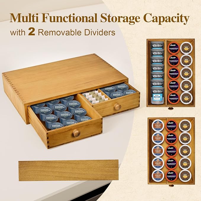 K Cup Storage Organizer,Wood Coffee Pod and Tea Bag Holder,Kcup Drawer Coffee Maker Stand,Home Kitchen Counter Holds Up to 30 Pods Capacity-NeatNest