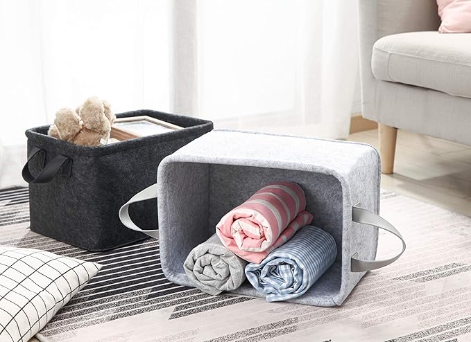 Collapsible Storage Bins Foldable Felt Fabric Storage Basket Organizer Boxes Containers with Handles PU Handles for Nursery Toys,Kids Room,Clothes,Towels,Magazine (PU-Light grey, 15.9L×11W×9.8H)-NeatNest
