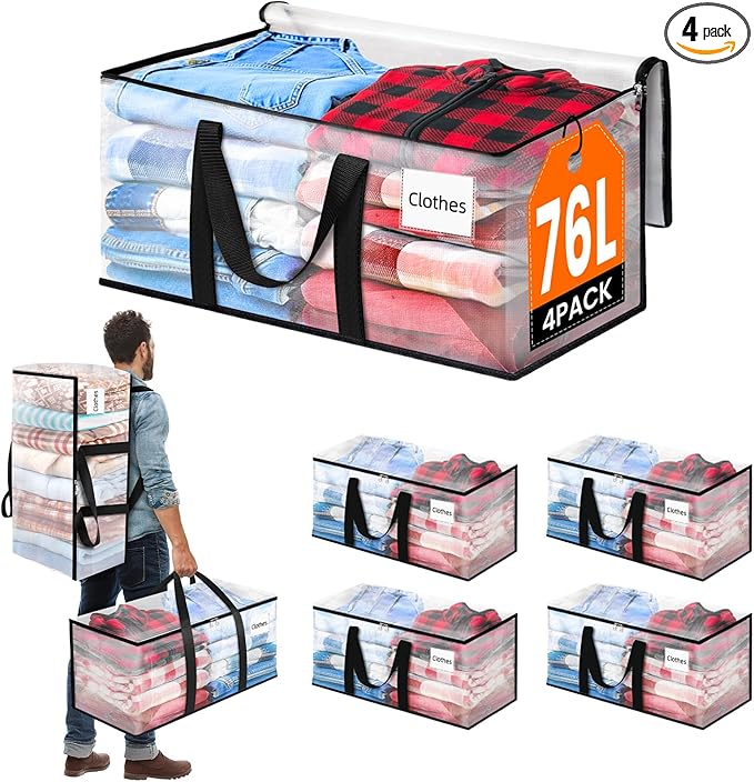 BlissTotes 4-Pack Large Moving Bags with Backpack Straps & Strong Zippers, Heavy-Duty Storage Bags Moving Boxes for Space Saving, Dorms, Transport, 76L-20 Gallons, Clear-NeatNest