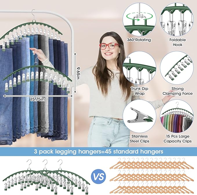 3 Pack Legging Organizer for Closet Hanging, Pants Hangers with 15 Clips Holds 45 Leggings, Shorts, Skirts, Jeans, Hats, Pants Hangers Space Saving Clothes Racks Closet Organizers and Storage, Green-NeatNest