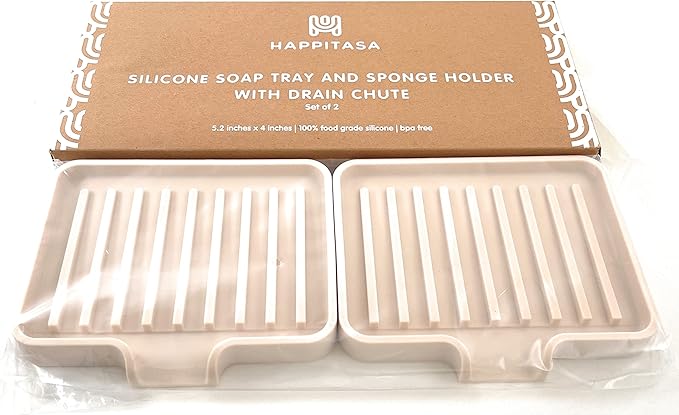 Happitasa Silicone Soap Dish Tray and Sponge Holder with Drain Chute, Pack of 2 | Bathroom and Kitchen Sink Organizer Caddy (Sand Dollar, 5.2"x4", 7.2 Ounces)-NeatNest