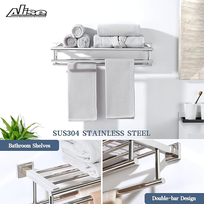 Alise Towel Rack,Towel Hanger Towel Shelf with Double Towel Bars for Bathroom Lavatory,20 Inch SUS 304 Stainless Steel Wall Mount Towel Holder,Polished Chrome