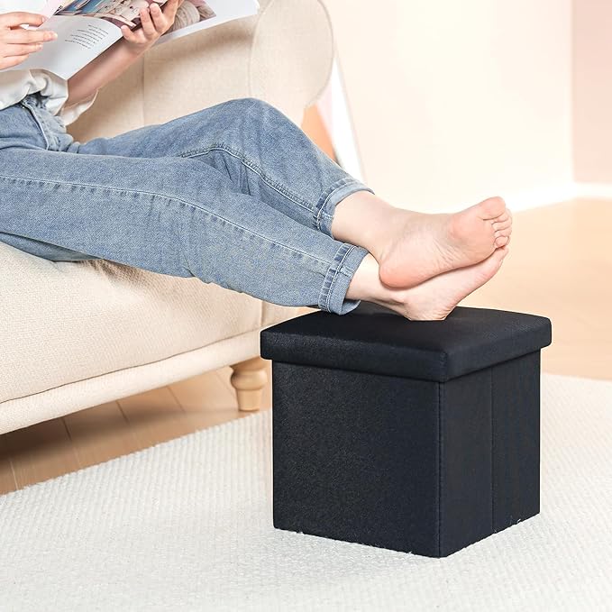 B FSOBEIIALEO Storage Ottoman Cube, Linen Small Foot Rest Seat,for Living Room, Bedroom, Home Office, Dorm Storage Footrest Black 11.8"x11.8"x11.8"