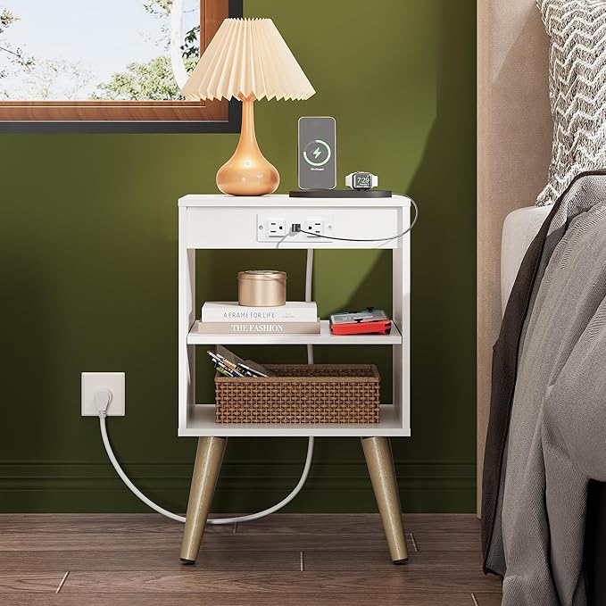 WLIVE White Nightstand, Bedside Tables, Night Stand with Charger Station, Side Table with Storage Shelf, End Table with USB Ports and Outlets for Bedroom, 15.12" D x 11.73" W x 23.74" H