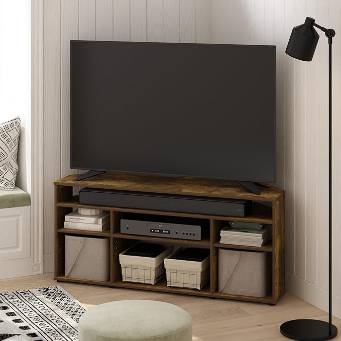 Furinno Besi No Tools Assembly Industrial Style TV Stand, Entertainment Center for 50 inch TV, Amber Pine/Black-NeatNest