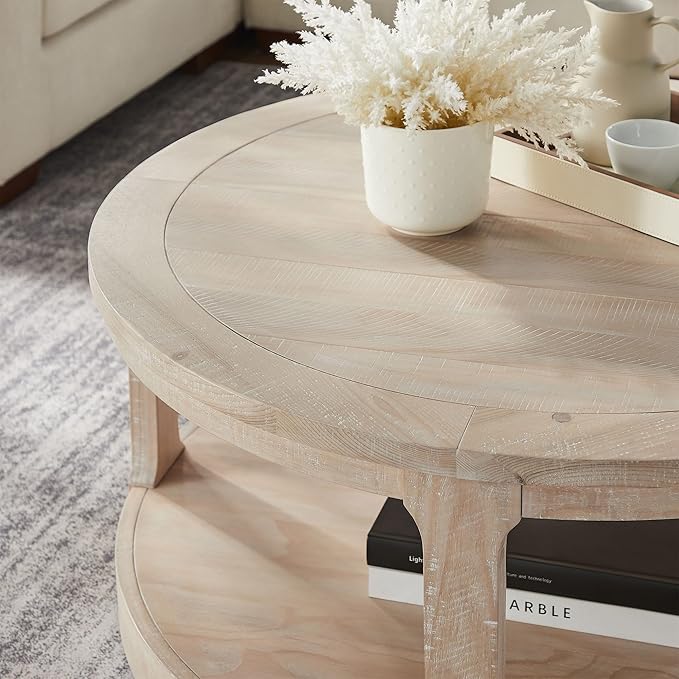 Coffee Table Round Wood Oak 40" Coffee Tables for Living Room Modern Circle Center 2-Tier Solid Desktop Minimalistic Design Accent with Shelf Storage Home Furniture Apartment Office Easy to Assemble-NeatNest