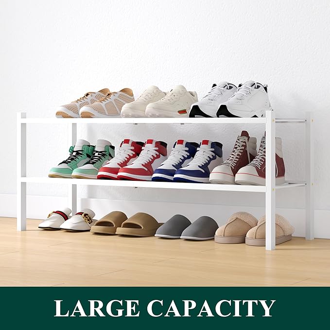Smiry Shoe Rack, 3 Tier Long Bamboo Shoe Organizer, Stackable Free Standing Wooden Shoe Storage Shelf for Closet, Entryway, Front Door Entrance, White-NeatNest