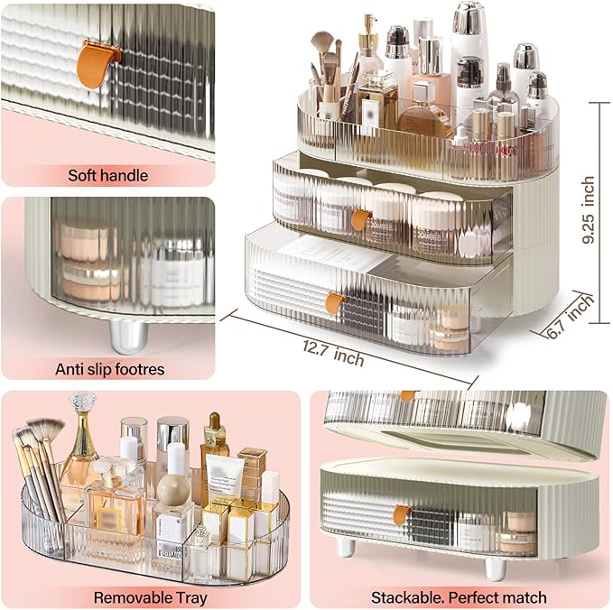 Makeup Organizer with 2 Drawers and 1 Clear Tray, Stackable Cosmetic Organizers and Skincare Storage box for Vanity and Countertop