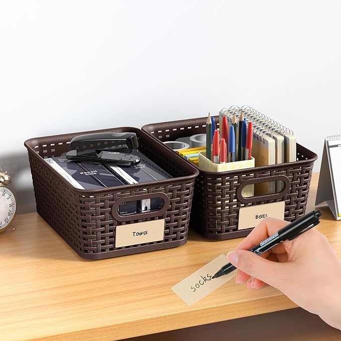 Brown Plastic Storage Baskets - Pack of 8 with Labels Stackable Durable Storage Bins, Storage Containers for Organizing Desktops, Closets, Playrooms, Classrooms, Offices-NeatNest