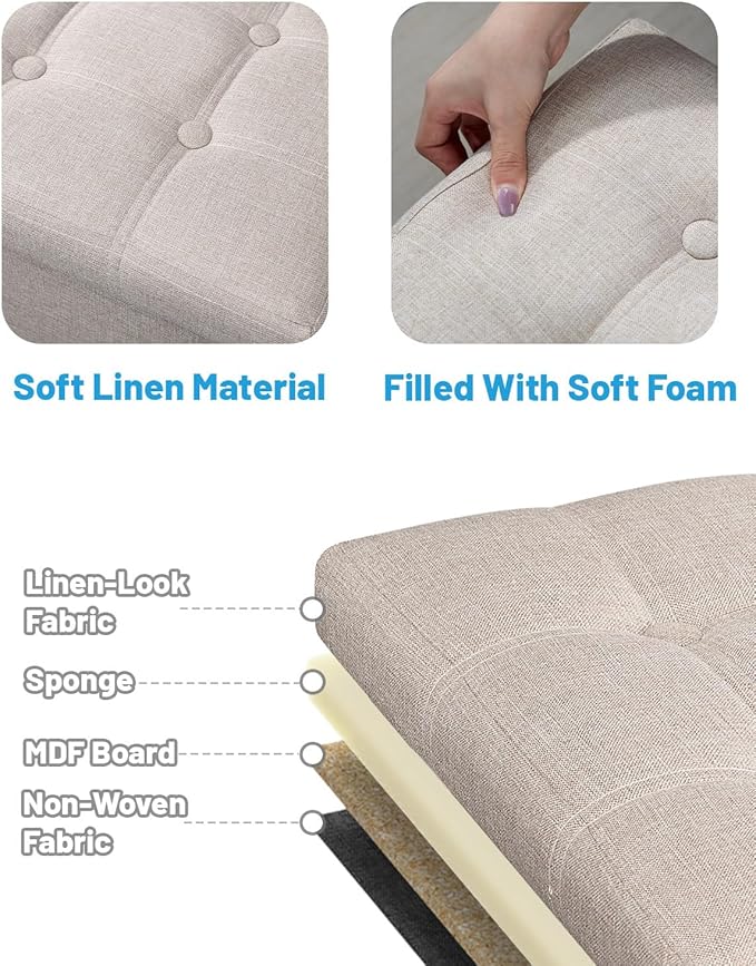 AmasSmile Beige Ottoman with Storage,Foot & Leg Rest Stools Small Cute Stool Short Bench Folding Ottomans Square Footstools for Shoe Living Room Under Desk Outdoor RV Camper Each Space Storage