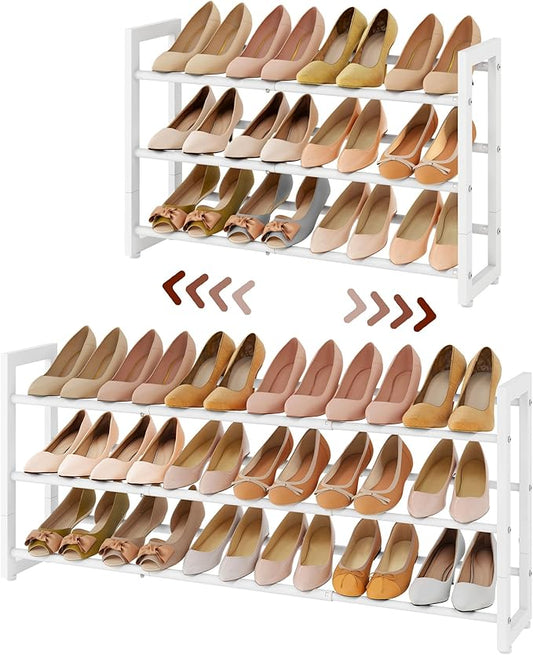 FAVOOSTY 3-Tier Expandable Shoe Rack, Adjustable Shoe Shelf Storage Organizer Space Saving Metal Free Standing Shoe Rack for Entryway Closet Doorway, White-NeatNest