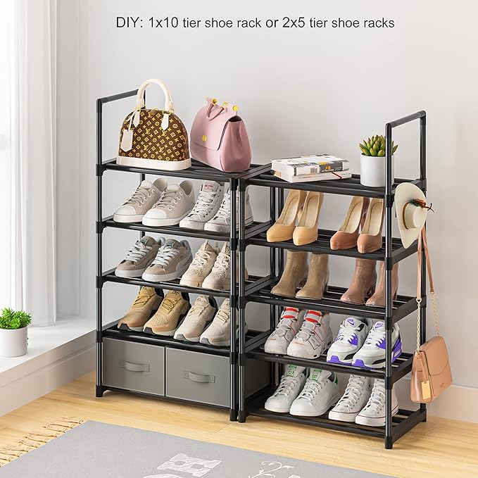 Tall Shoe Rack Narrow 10 Tier Shoes Rack 20 25 Pairs, Shoe Storage Organizer for Closet, Sturdy Metal Shoe Shelf Shoe Stand with 2 Boxes 1 Hook-NeatNest