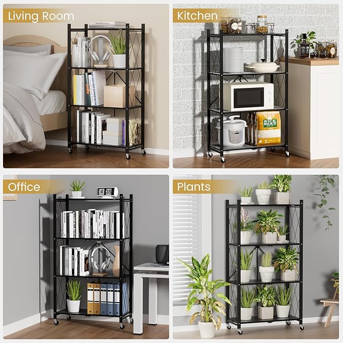 ALANNG Storage Shelves with Wheels, Bookshelf with Storage, No Assembly Metal Rack Cart for Kitchen, Office, Laundry, Garage (4 Tier, Black)