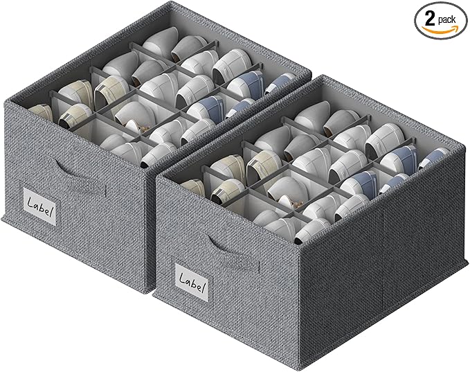 2 Pack Shoe Organizer for Closet,Fits up to 24 Pairs,Fabric Shoe Storage Bins,Large Shoe Box Storage Containers with Bottom Support for Shoes (Dark Gray, (16.5 * 12.6 * 9.5) x1)-NeatNest