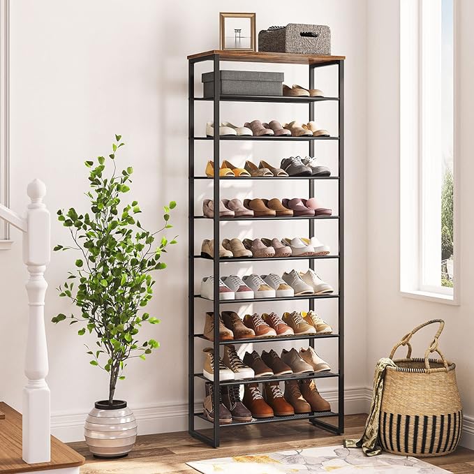 HOOBRO 10-Tier Shoe Rack, 23.6" L Shoe Storage Organizer, Large Capacity Shoe Shelf for Front Door Entrance, Entryway, Hallway, Holds 27-30 Pairs of Shoes, Closet, Rustic Brown BF601XJ01-NeatNest