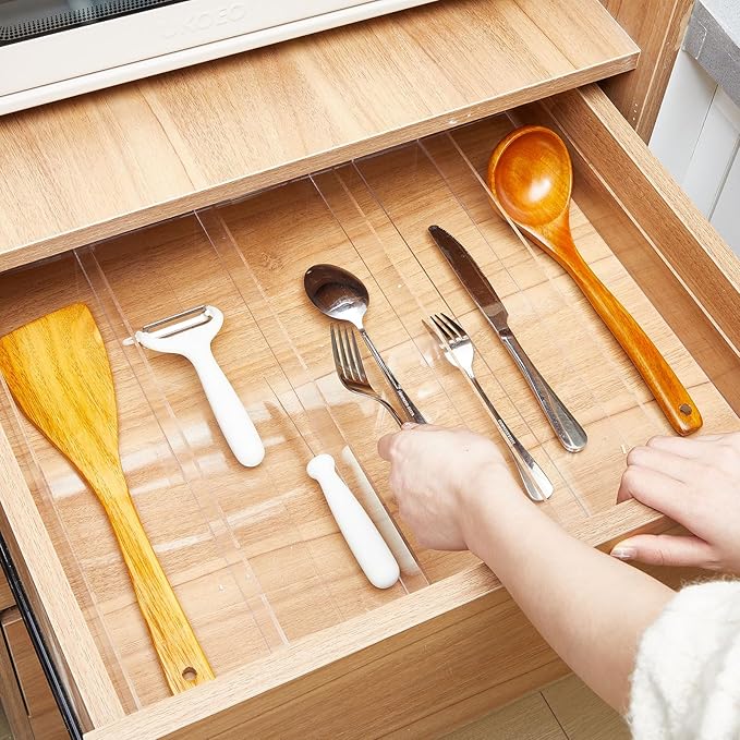 Expandable Kitchen Drawer Organizer Clear Acrylic Utensil Organizer Adjustable Acrylic Silverware Storage for Kitchen Drawers Silverware Flatware Knives(3-5 Compartments,12 x 16 Inches)