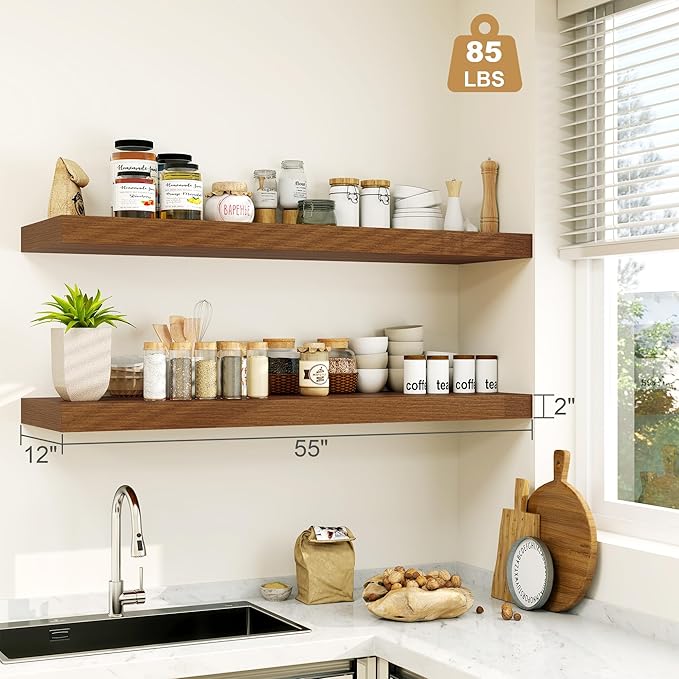 Heimlove 12" Deep Floating Shelves for Wall Shelf Over Toilet Wall Mounted Farmhouse Long 55 inches Set of 1, Farmhouse Shelves with Invisible Brackets for Living Room, Kitchen, Bedroom,Walnut-NeatNest