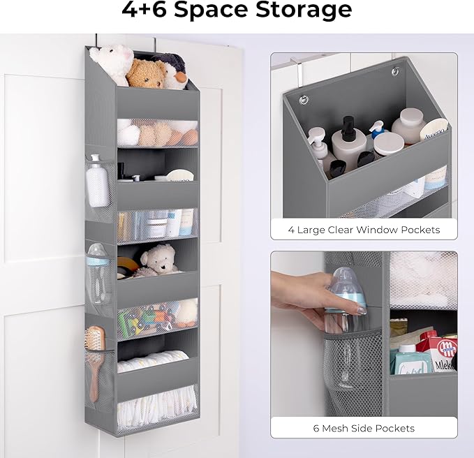 GRANNY SAYS Over The Door Organizer, 4-Shelf Behind The Door Storage with 6 Pockets and Clear Window, Anti Tilt Large Capacity Hanging Organizer Shelves for Baby Room, Nursery, Bathroom, Gray, 1 Pack-NeatNest