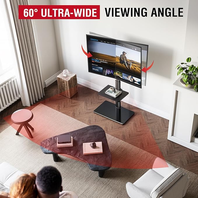 Floor TV Stand with 60-Degree Swivel, TV Floor Stand for 32-65 inch TVs up to 88lbs with Tilt, 8 Level Height Adjustable Tall TV Mount Stand with Shelf, Tempered Glass Base, MAX VESA 400x400mm