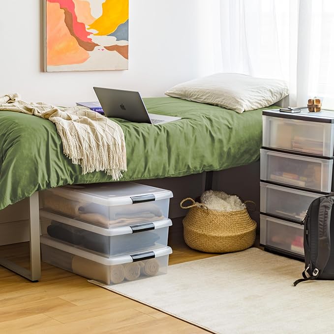 IRIS USA 40 Qt Plastic Under Bed Storage Nestable Organizer Bin Container with Secure Lids and Durable Buckles, 3-Pack, Under Bed Storage Containers for Clothes Shoes Bedding, Black/Clear-NeatNest