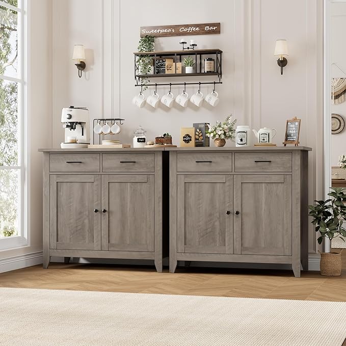 HORSTORS Kitchen Storage Cabinet, Modern Farmhouse Buffet Cabinet with Storage, Coffee Bar with 2 Drawers and 2 Doors, Floor Sideboard Buffet for Living Room, Dining Room, Bathroom, Grey
