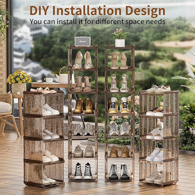 HAIXIN Vertical Shoe Rack for Closet, 5-Tier Modular Shoe Organizer for Front Door Entrance, Shoe Storage Cabinet, Narrow Stackable Shoe Stand Shelf Tower Space Saving for Entryway, Corner - Brown-NeatNest