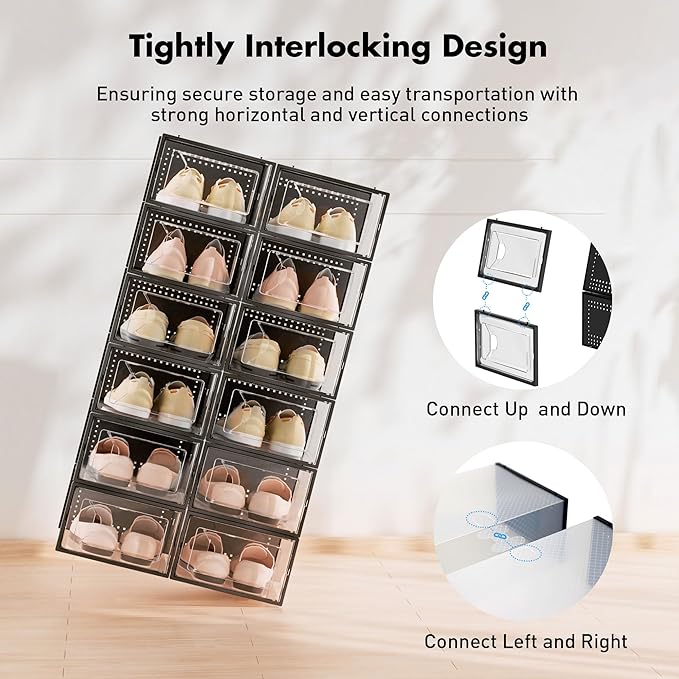 Shoe Storage Box, 15 Pack Clear Plastic Stackable Shoe Organizer for Closet, Interlocking Design Shoe Container Bins for Sneakers, Foldable Shoe Rack with Lids, Black-NeatNest