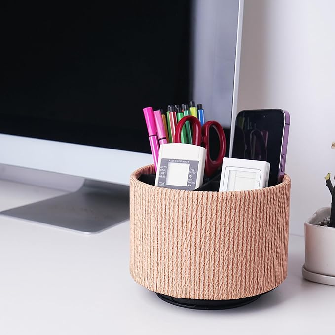Hennaja Round Leather Art Supply Organizer,Remote Control Holder,360 Degree Spinning,Multi-Functional Pencil Holder,4 Compartments Desktop Stationary Organizer(1-Wood Apricot)-NeatNest