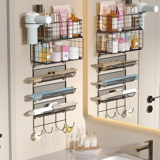 Hair Dryer Holder-Wall-Mounted Styling Tool Organizer 5 Tiers Styling Tool Organizer with Hook Heat Safe Rack for Hair-Straighteners,Curling Wands,Flat Iron,Perfume,Cabinet Door Bathroom Kitchen