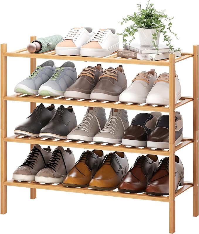 BMOSU 4-Tier Bamboo Shoe Rack Premium Stackable Shoe Shelf Storage Organizer for Hallway Closet Living Room Entryway Organizer (Natural Bamboo)-NeatNest
