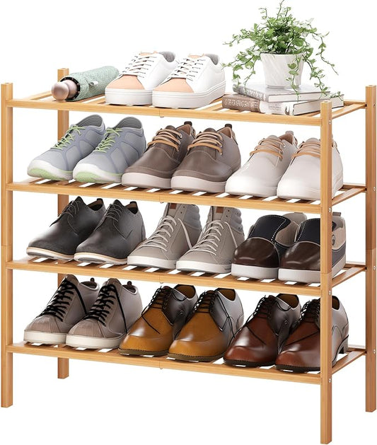 BMOSU 4-Tier Bamboo Shoe Rack Premium Stackable Shoe Shelf Storage Organizer for Hallway Closet Living Room Entryway Organizer (Natural Bamboo)-NeatNest