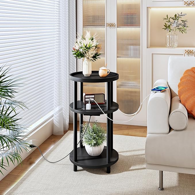 HOOBRO Set of 2 Small Round Side Tables with Charging Station, 3-Tier Round Bamboo End Tables, Easy Assembly, for Living Room, Bedroom, Apartment, Black BB152UBZP201