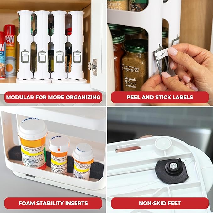 Cabinet Caddy Spice Rack Organizer for Cabinet - Slide & Rotate Kitchen Organizers and Storage - 2 Double-Decker Shelves - Non-Skid Base - Magnetic Modular Design - 10.8" H x 5.25" W x 10.8" D-NeatNest