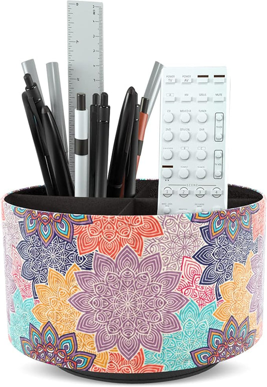 Hennaja Round Leather Art Supply Organizer,Remote Control Holder,360 Degree Rotating,Multi-Functional Pencil Holder,4 Compartments Desktop Stationary Organizer(1-Colorful Flower)-NeatNest