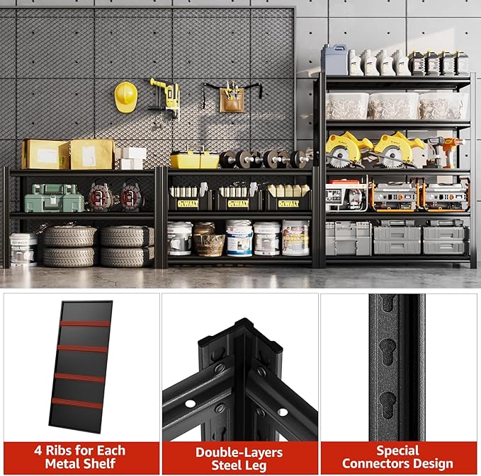 78" H Metal Garage Storage Shelves, 5 Tier Adjustable Shelving Unit for Warehouse, Office, Kitchen, Flower Stand, Living Room, Laundry Room, 47.24" W x 23.62" D, Load 2500 LBS, Black