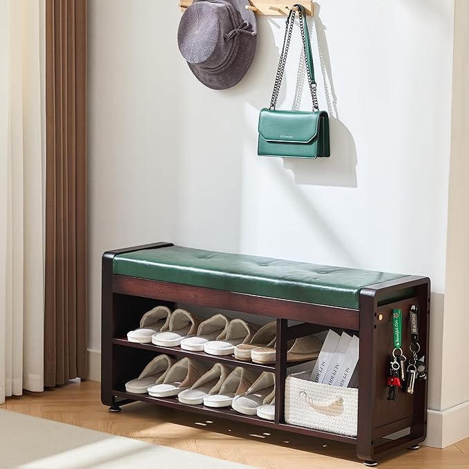 Nnewvante 37.4 inch Shoe Bench with Green Leather Cushion, 3-Tier Large Shoe Rack for Entryway Organizer, 100% Bamboo Ottoman Upholstered Bench for Hallway, Living Room, End of Bed Padded Bench