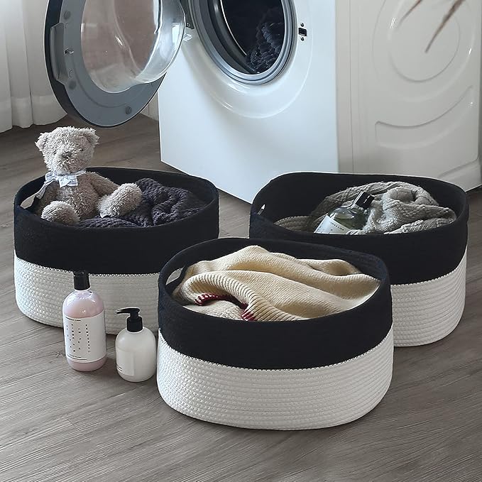 Cotton Rope Storage Basket, 15x10x9 Inches, Woven Basket for Shelves, Clothes, Toys, Towels, Books, and Laundry, Durable and Stylish, Black/ White (2 Pack)-NeatNest