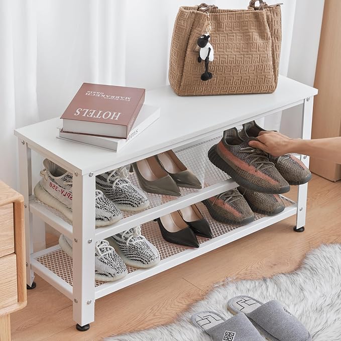 Apicizon White Shoe Rack, 35.5 Inches 3-Tier Shoe Rack for Entryway with Long Seat and Metal Shelves for Garage, Entryway Bench for Hallway Front Door, Mudroom, Doorway, Living Room, Bedroom-NeatNest