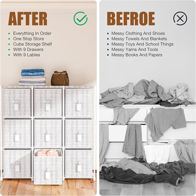9 Cube Storage Organizer with Printed Drawers, Toy Cubby Storage for Closet, Living Room, Dorm - White-NeatNest