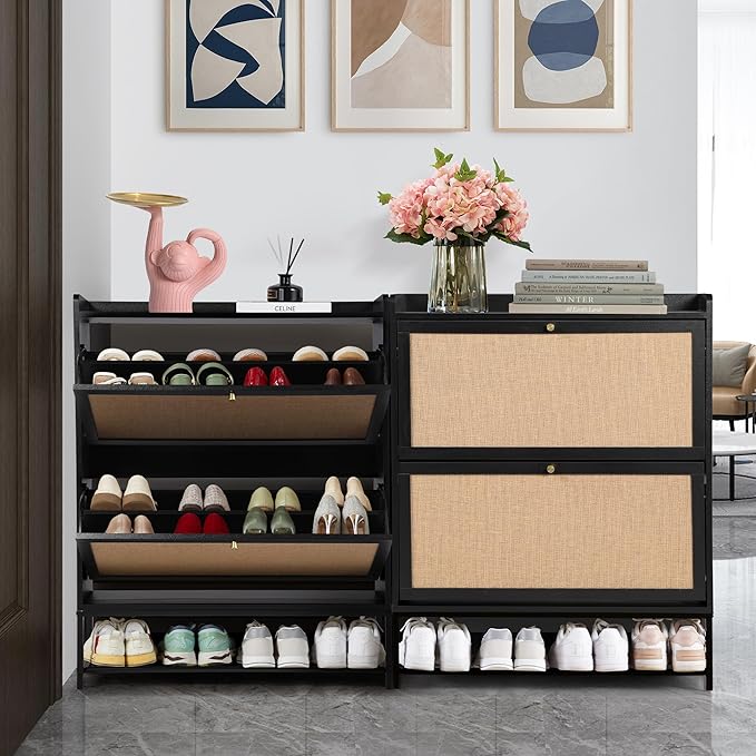 LEVNARY Shoe Storage Cabinet with 2 Flip Drawers, Wooden Narrow Shoe Cabinet Storage for Entryway, Freestanding Shoe Rack Organizer Cabinet with Metal Legs for Hallway (1, Black)-NeatNest