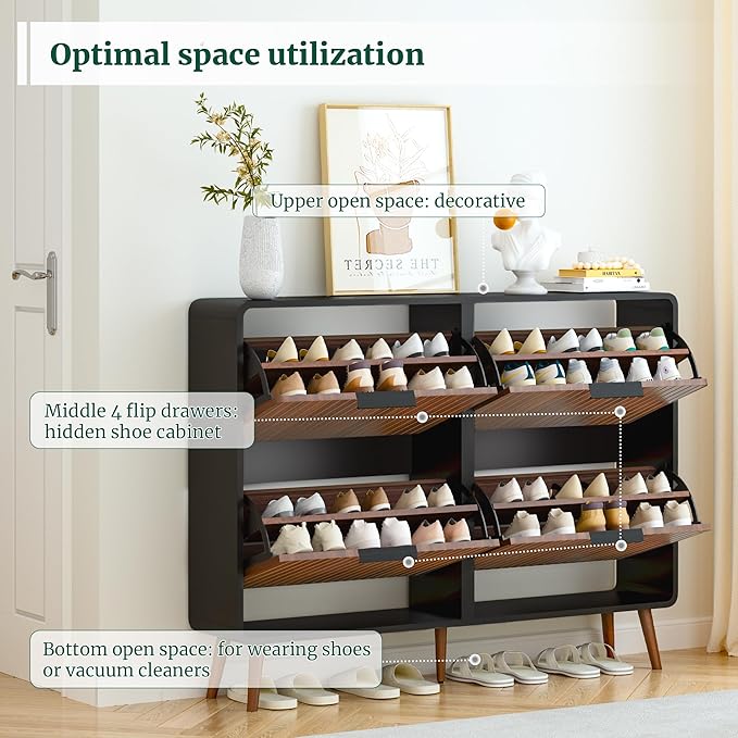 47" Fluted Large Shoe Cabinet with 4 Flip Drawers, Slim Freestanding Shoe Cabinet Organizer, Narrow Shoes Storage Rack for Entryway, 5 Sturdy Legs (Walnut and Black, 9.45" D x 47.24" W x 35.83" H)