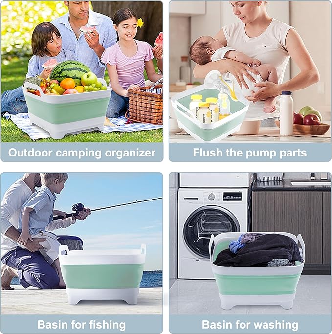 2.4 Gal(9L) Collapsible Dish Basin with Drain Plug, Space Saving Outdoor Multiuse Foldable Sink Tub, Dishpan, Kitchen Storage Tray for Camping, Vegetable Washing, RV (Green)-NeatNest