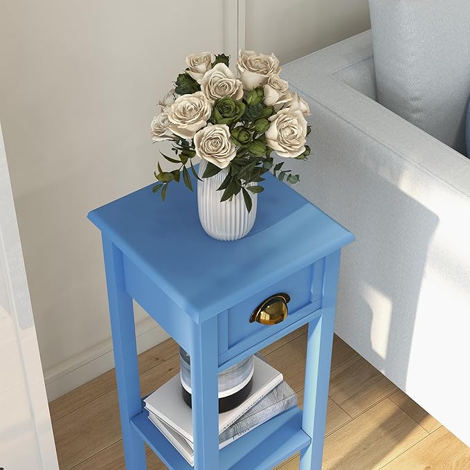 HOMCOM 2-Tier Side Table with Drawer, Narrow End Table with Bottom Shelf, for Living Room, Set of 1, Light Blue