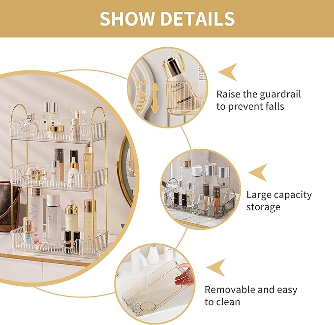 3 Tier Bathroom Organizer Countertop Makeup Perfume Tray Skincare Organizer for Bathroom Dresser Vanity (White)-NeatNest