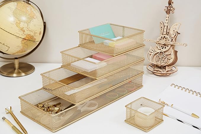 Annova Mesh Stackable Drawer Cabinet and Shelf Organizer Bins Storage Basket School Office Supply Holder Tray- Set of 2 (Gold, 6x12x2 Inch)-NeatNest