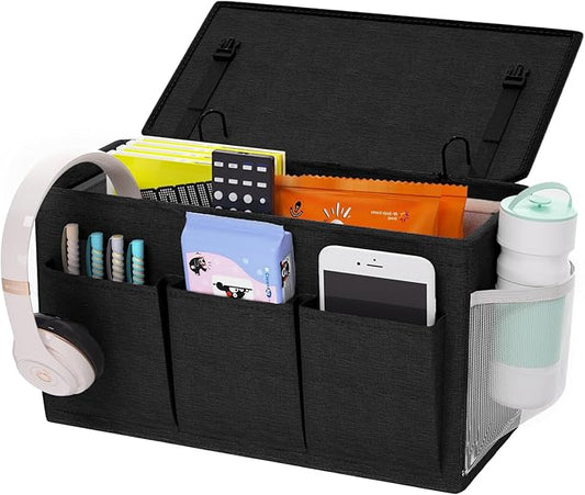 Dual-purpose Bedside Caddy Bedside Organizer, Bed Caddy with 6 Pockets, Versatile Bedside Storage Solution Magazine Remotes holder, ideal for Home, Dorm, Hospital, Crib Bed (Black)-NeatNest